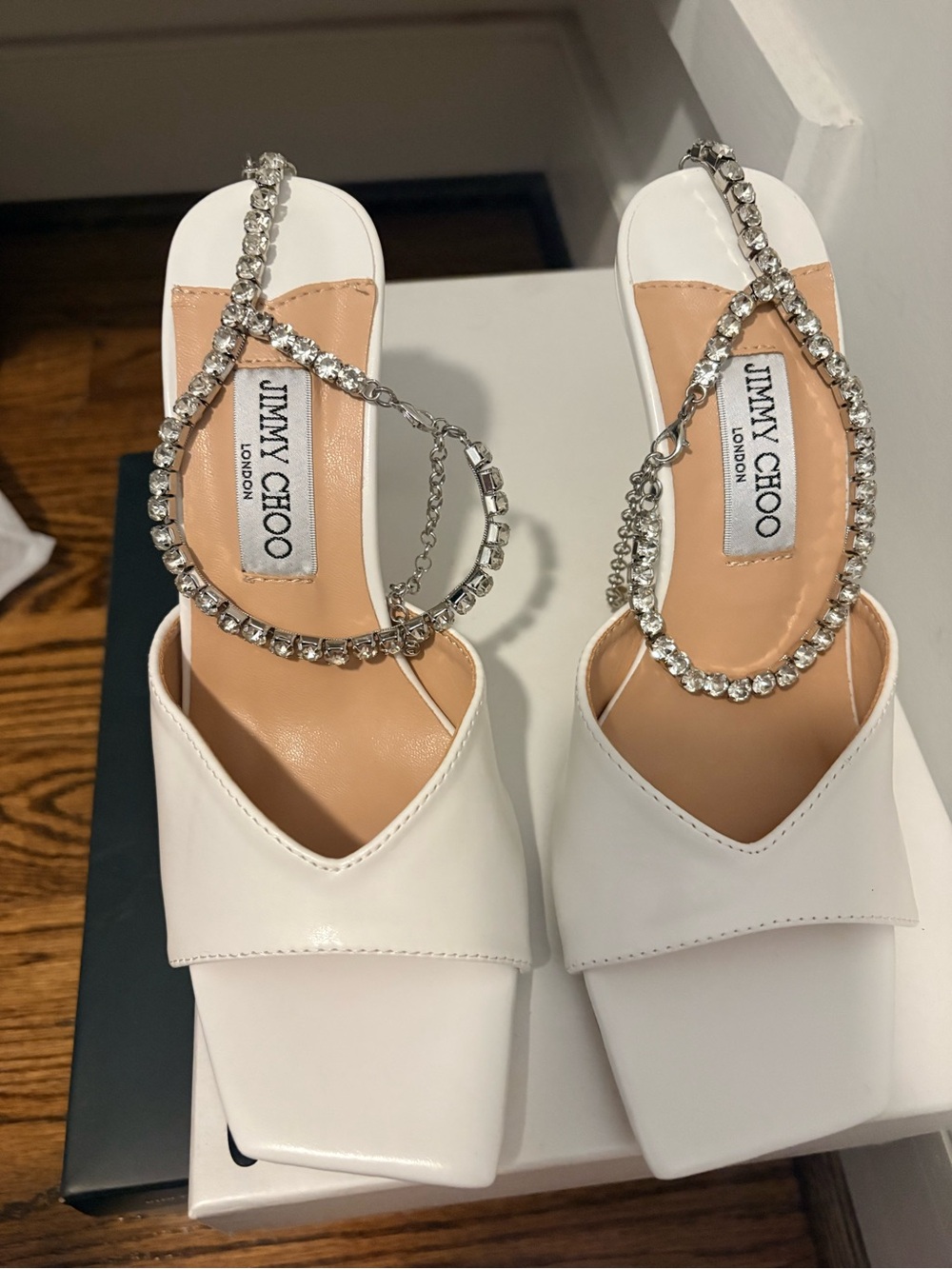 Jimmy Choo White Crystal-Embellished Square-Toe heels